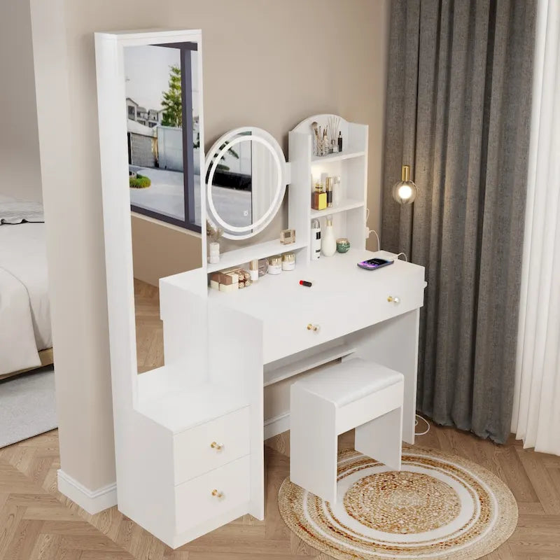 Full Body Mirror Cabinet + Round Mirror LED Vanity Table + Cushioned Stool