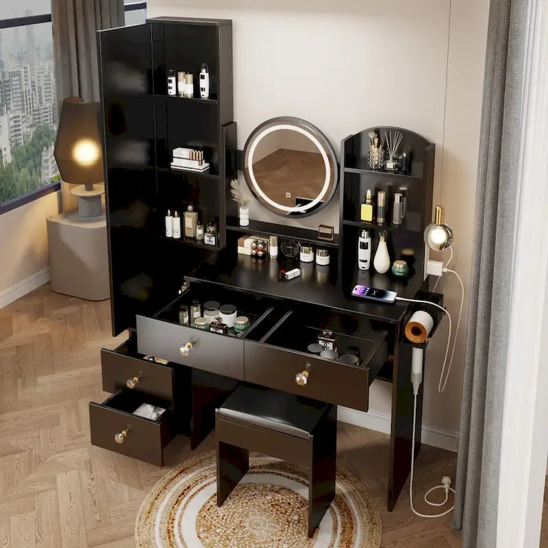 Full Body Mirror Cabinet + Round Mirror LED Vanity Table + Cushioned Stool