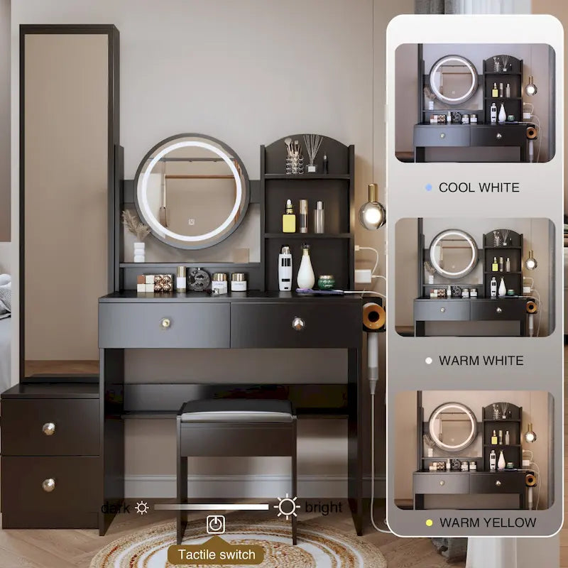 Full Body Mirror Cabinet + Round Mirror LED Vanity Table + Cushioned Stool