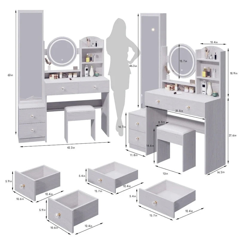 Full Body Mirror Cabinet + Round Mirror LED Vanity Table + Cushioned Stool