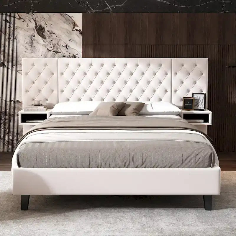 Lit plateforme bas, Lit moderne tapissé en velours, Lit à tête de lit capitonnée en losanges avec 2 tables de chevet, Lit de rangement