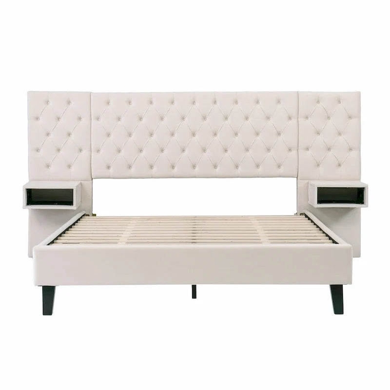 Lit plateforme bas, Lit moderne tapissé en velours, Lit à tête de lit capitonnée en losanges avec 2 tables de chevet, Lit de rangement