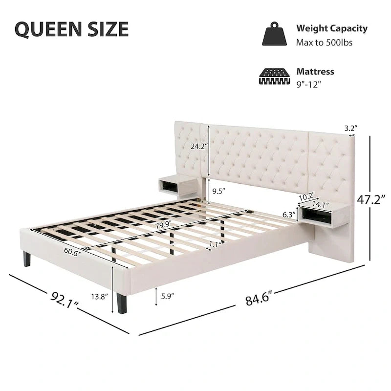 Lit plateforme bas, Lit moderne tapissé en velours, Lit à tête de lit capitonnée en losanges avec 2 tables de chevet, Lit de rangement