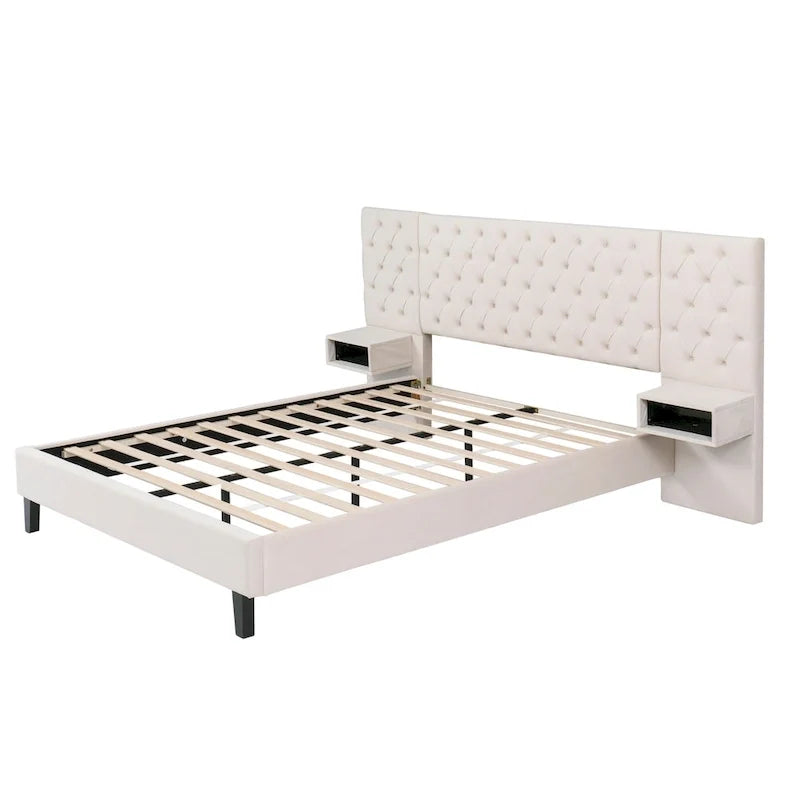 Lit plateforme bas, Lit moderne tapissé en velours, Lit à tête de lit capitonnée en losanges avec 2 tables de chevet, Lit de rangement