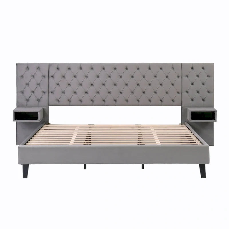 Lit plateforme bas, Lit moderne tapissé en velours, Lit à tête de lit capitonnée en losanges avec 2 tables de chevet, Lit de rangement