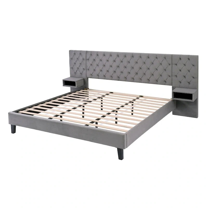 Lit plateforme bas, Lit moderne tapissé en velours, Lit à tête de lit capitonnée en losanges avec 2 tables de chevet, Lit de rangement