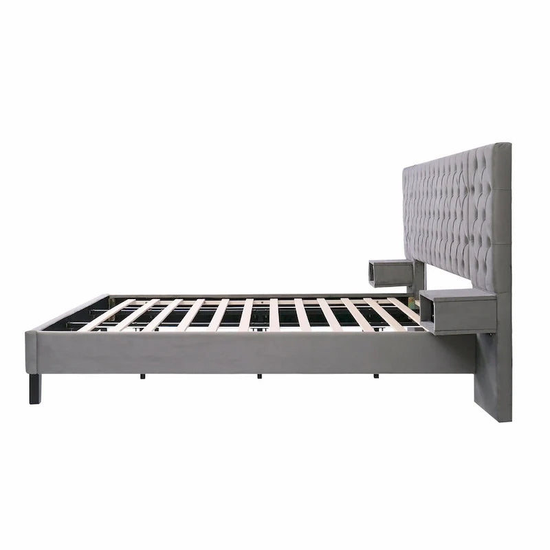 Lit plateforme bas, Lit moderne tapissé en velours, Lit à tête de lit capitonnée en losanges avec 2 tables de chevet, Lit de rangement
