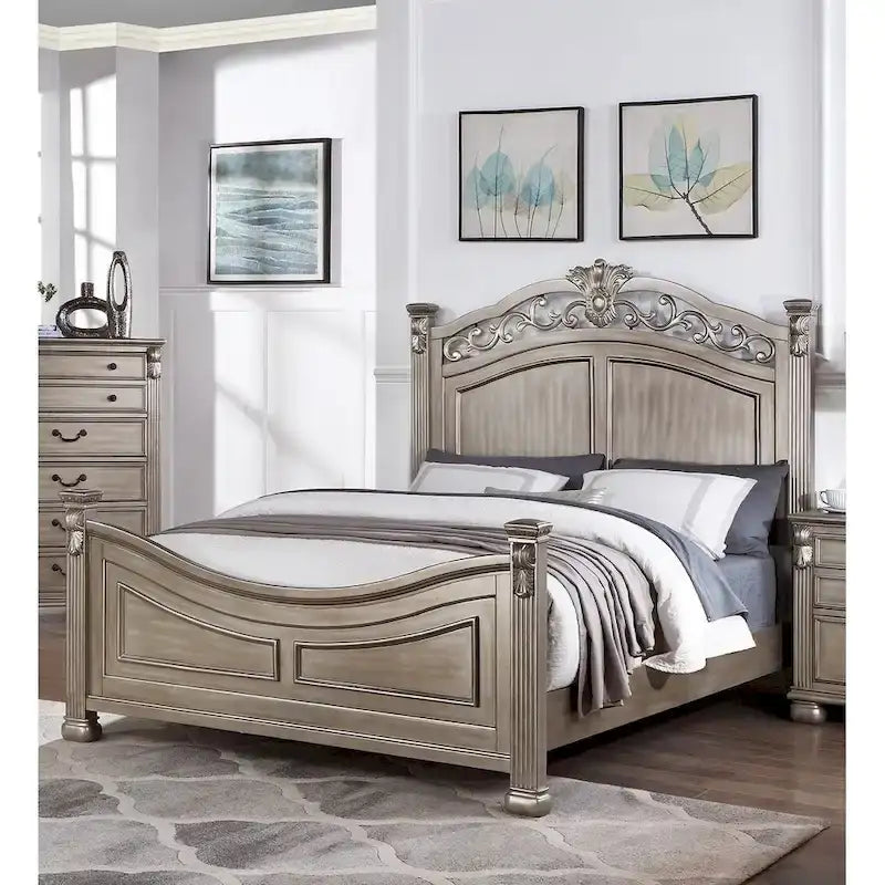 Lit King Size Californien Formel Traditionnel en Argent Antique 1pc Design Unique Tête de Lit Pied de Lit Cadre de Lit