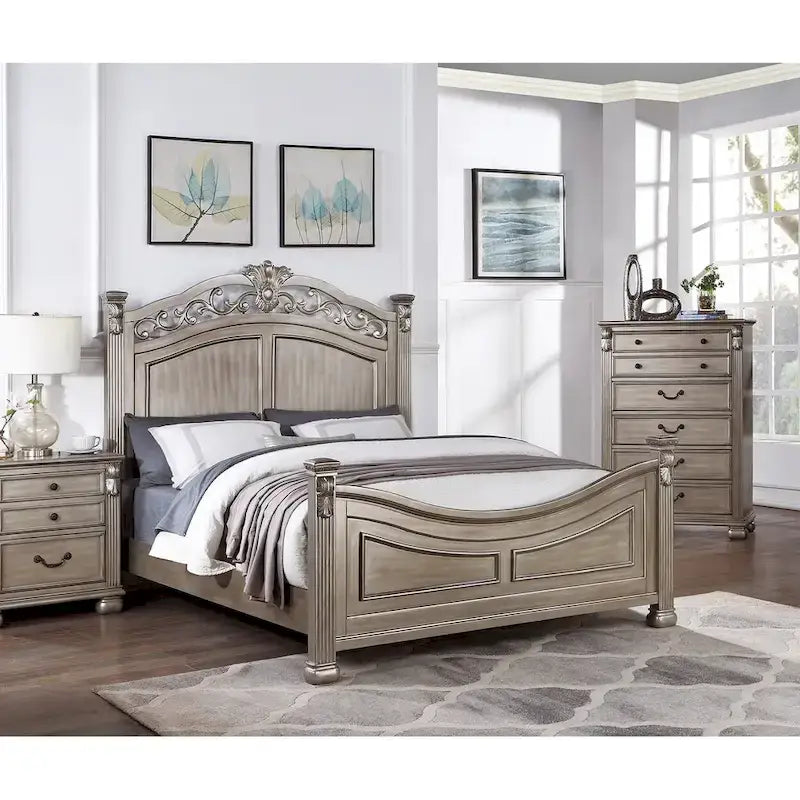 Lit King Size Californien Formel Traditionnel en Argent Antique 1pc Design Unique Tête de Lit Pied de Lit Cadre de Lit