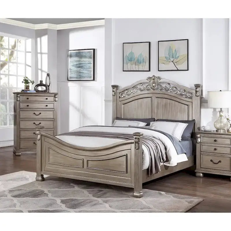 Lit King Size Californien Formel Traditionnel en Argent Antique 1pc Design Unique Tête de Lit Pied de Lit Cadre de Lit