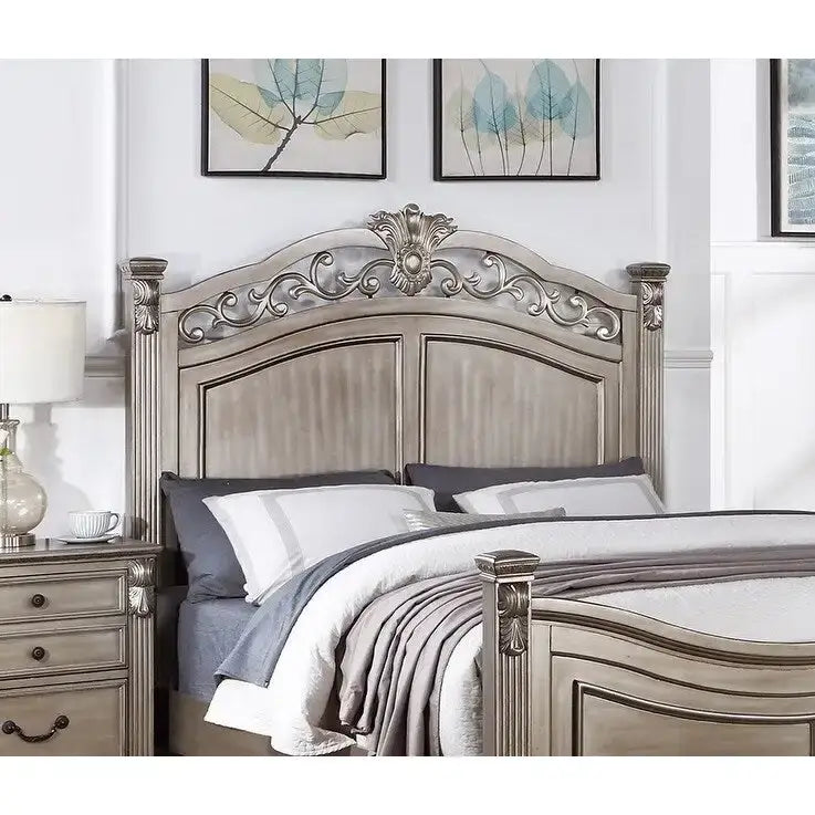 Lit King Size Californien Formel Traditionnel en Argent Antique 1pc Design Unique Tête de Lit Pied de Lit Cadre de Lit