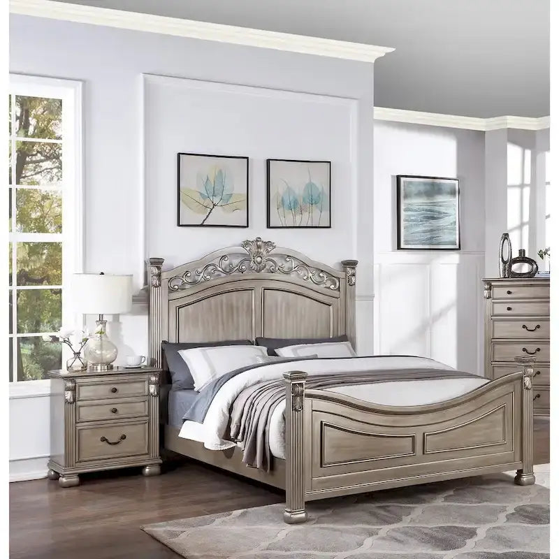 Lit King Size Californien Formel Traditionnel en Argent Antique 1pc Design Unique Tête de Lit Pied de Lit Cadre de Lit