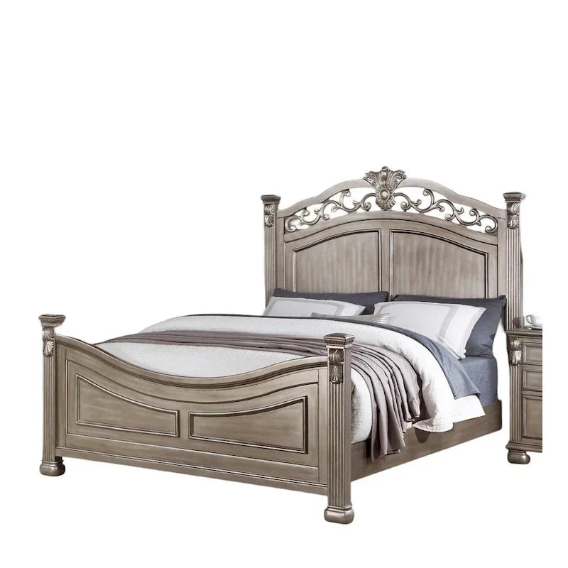 Lit King Size Californien Formel Traditionnel en Argent Antique 1pc Design Unique Tête de Lit Pied de Lit Cadre de Lit