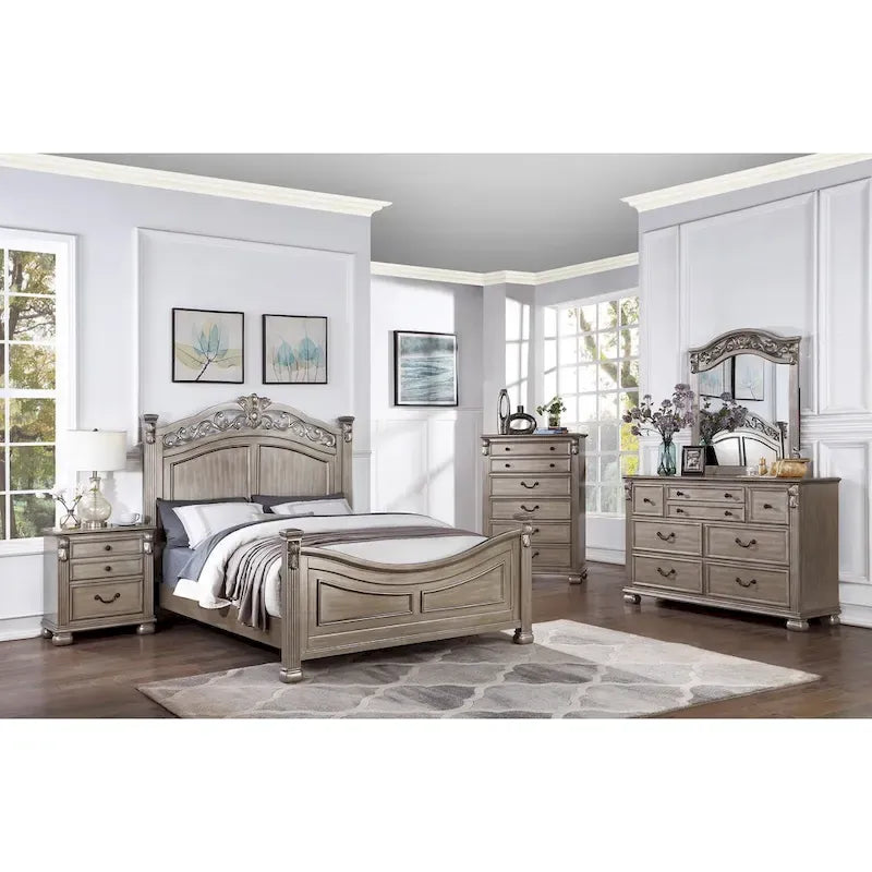 Lit King Size Californien Formel Traditionnel en Argent Antique 1pc Design Unique Tête de Lit Pied de Lit Cadre de Lit