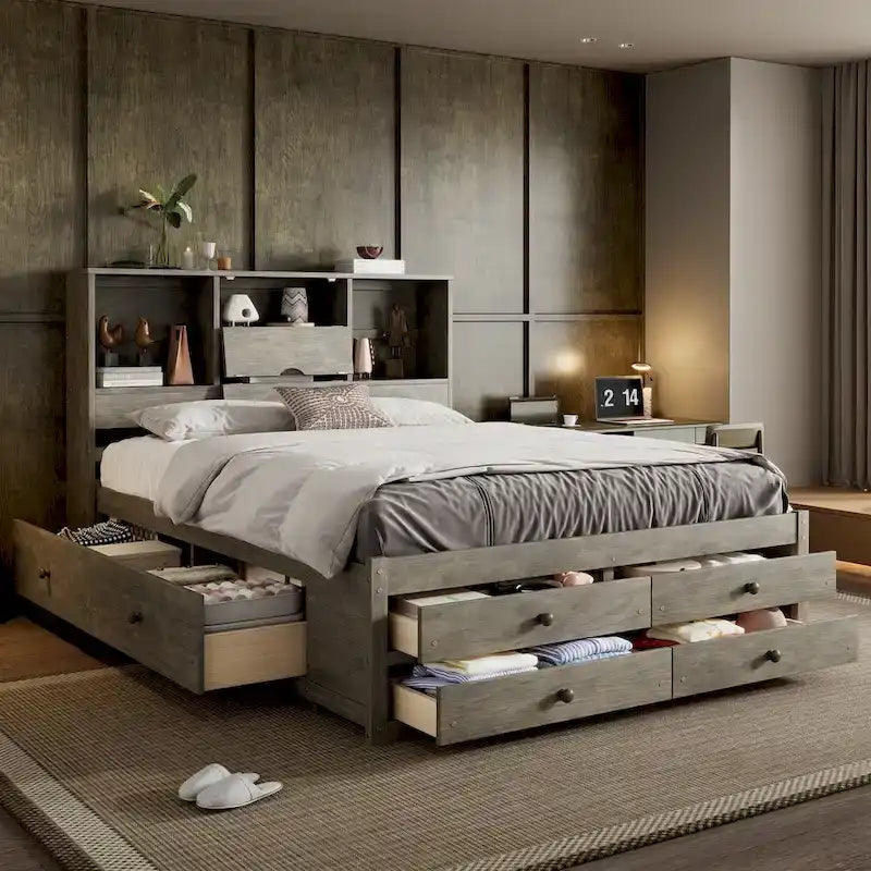 Lit plateforme Queen Size avec tête de lit de rangement et 8 tiroirs, Gris
