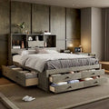 Lit plateforme Queen Size avec tête de lit de rangement et 8 tiroirs, Gris