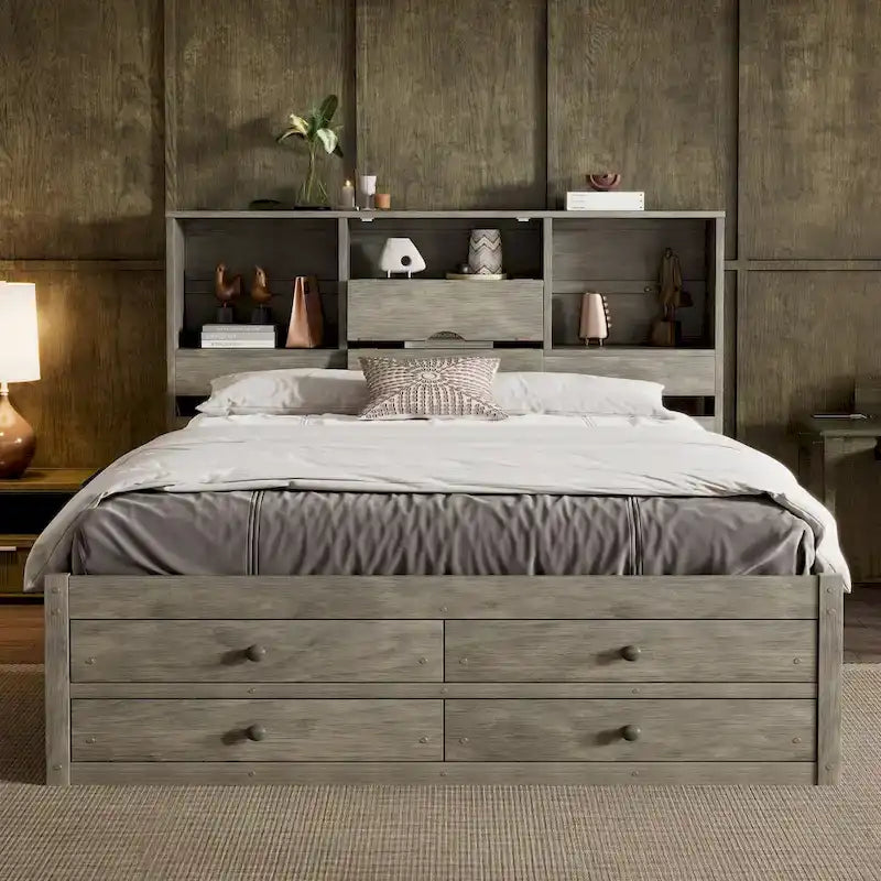 Lit plateforme Queen Size avec tête de lit de rangement et 8 tiroirs, Gris