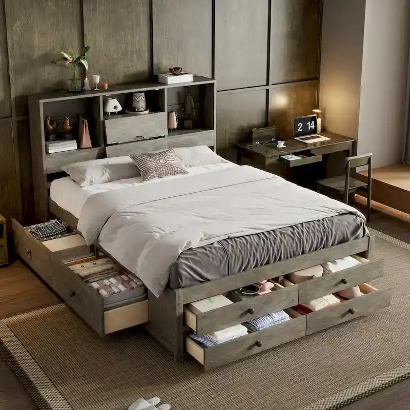 Lit plateforme Queen Size avec tête de lit de rangement et 8 tiroirs, Gris