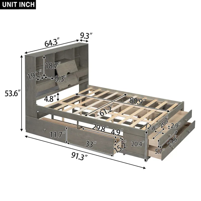 Lit plateforme Queen Size avec tête de lit de rangement et 8 tiroirs, Gris