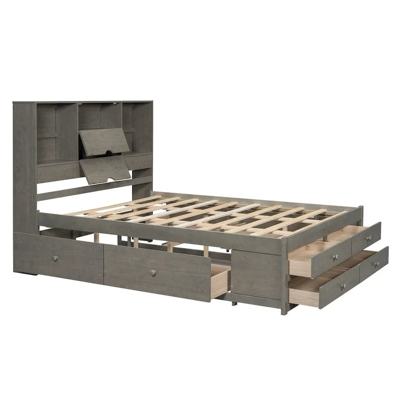 Lit plateforme Queen Size avec tête de lit de rangement et 8 tiroirs, Gris