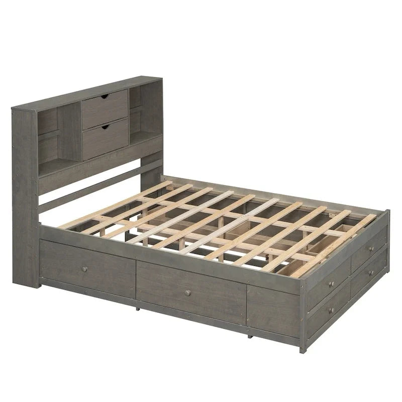 Lit plateforme Queen Size avec tête de lit de rangement et 8 tiroirs, Gris