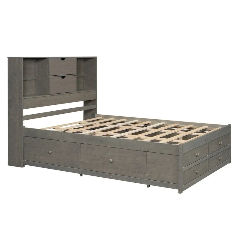 Lit plateforme Queen Size avec tête de lit de rangement et 8 tiroirs, Gris