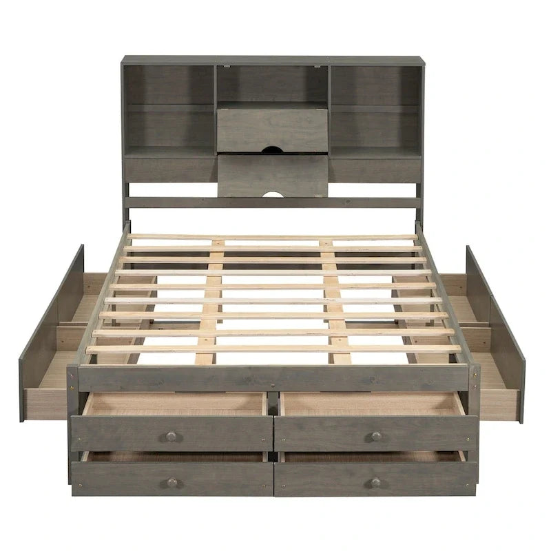 Lit plateforme Queen Size avec tête de lit de rangement et 8 tiroirs, Gris