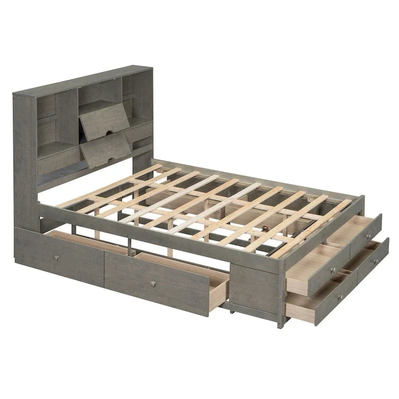 Lit plateforme Queen Size avec tête de lit de rangement et 8 tiroirs, Gris