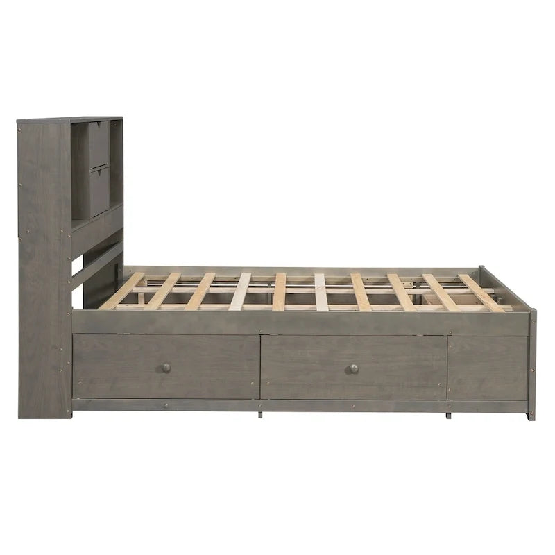 Lit plateforme Queen Size avec tête de lit de rangement et 8 tiroirs, Gris