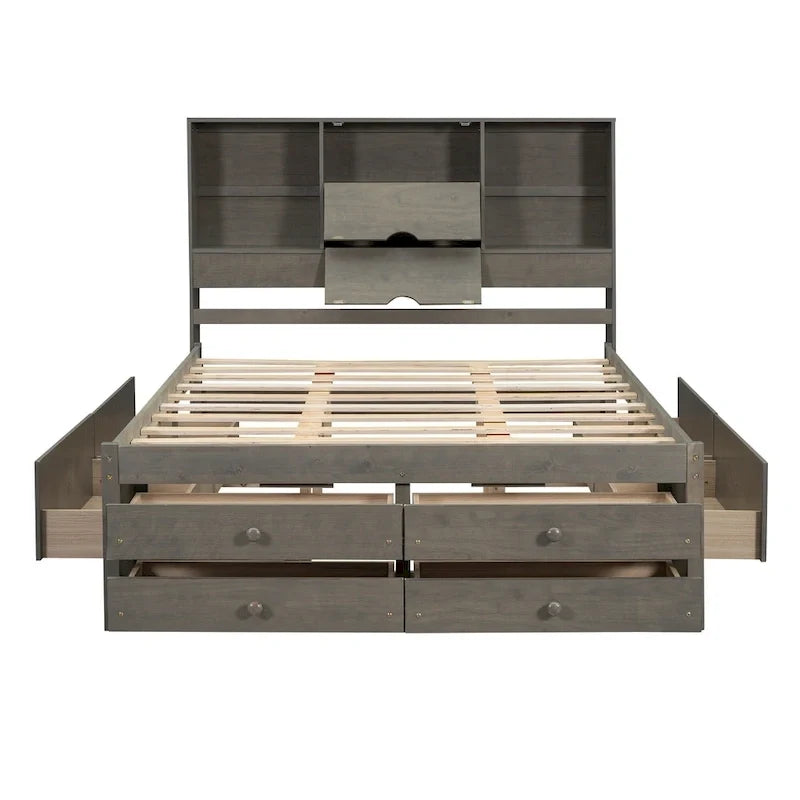 Lit plateforme Queen Size avec tête de lit de rangement et 8 tiroirs, Gris