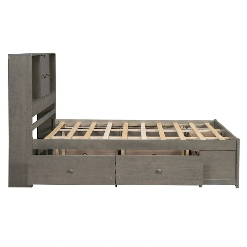 Lit plateforme Queen Size avec tête de lit de rangement et 8 tiroirs, Gris