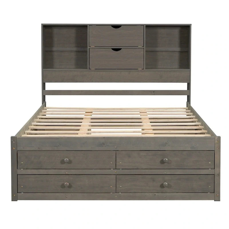 Lit plateforme Queen Size avec tête de lit de rangement et 8 tiroirs, Gris