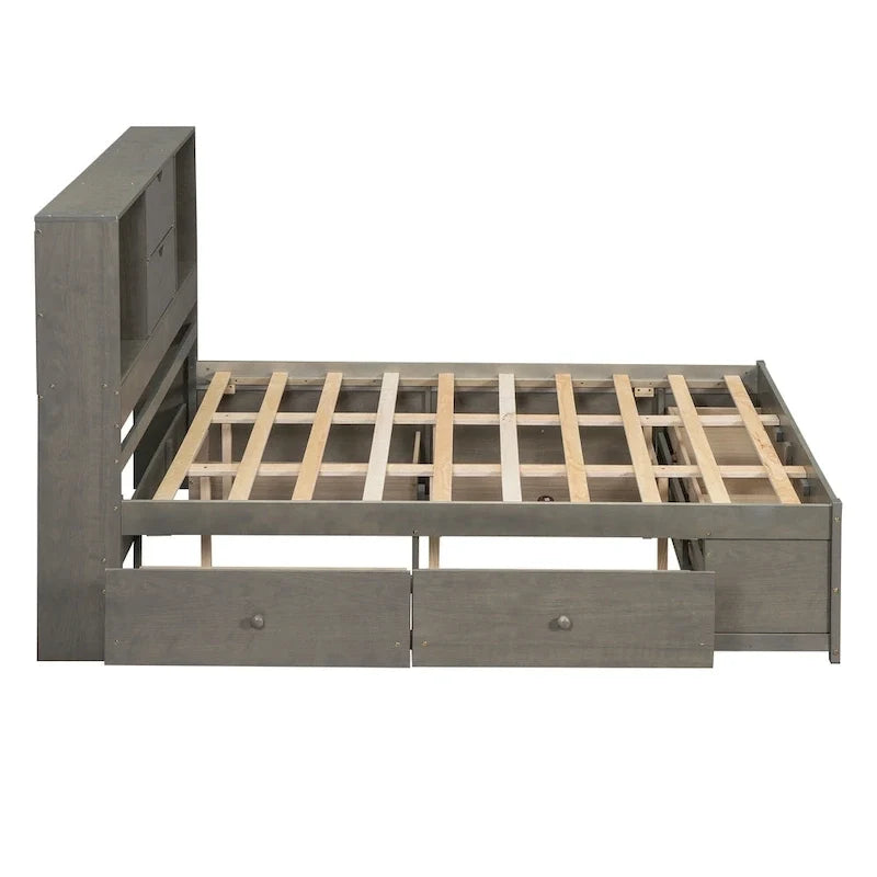 Lit plateforme Queen Size avec tête de lit de rangement et 8 tiroirs, Gris
