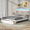 Letto a piattaforma matrimoniale in legno con testiera imbottita e LED e 2 cassetti, bianco antico