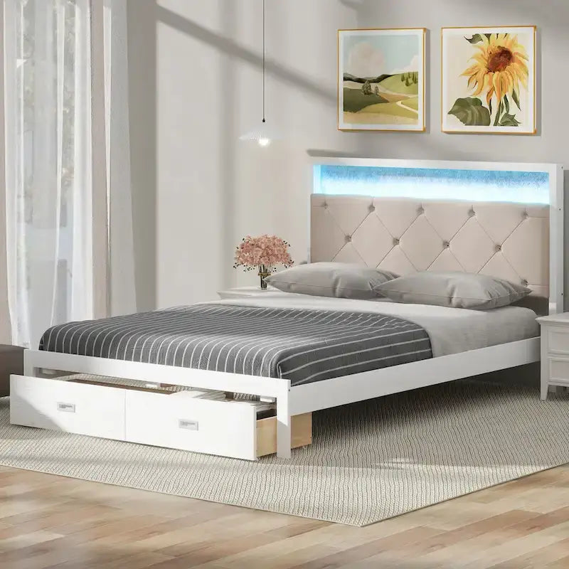 Letto a piattaforma matrimoniale in legno con testiera imbottita e LED e 2 cassetti, bianco antico
