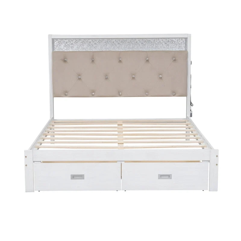 Letto a piattaforma matrimoniale in legno con testiera imbottita e LED e 2 cassetti, bianco antico
