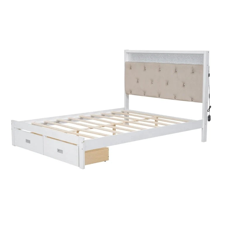 Letto a piattaforma matrimoniale in legno con testiera imbottita e LED e 2 cassetti, bianco antico