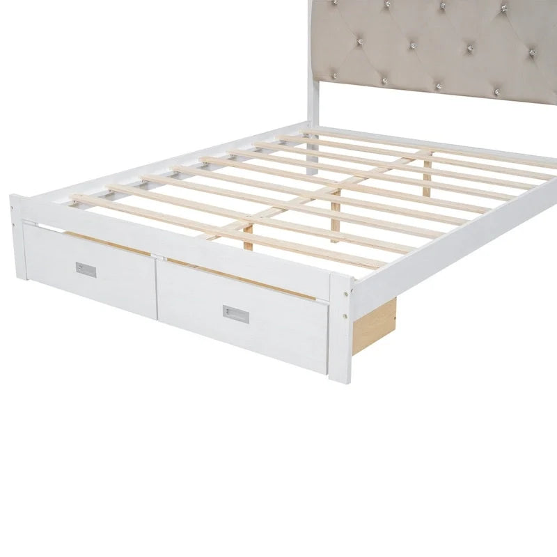 Letto a piattaforma matrimoniale in legno con testiera imbottita e LED e 2 cassetti, bianco antico
