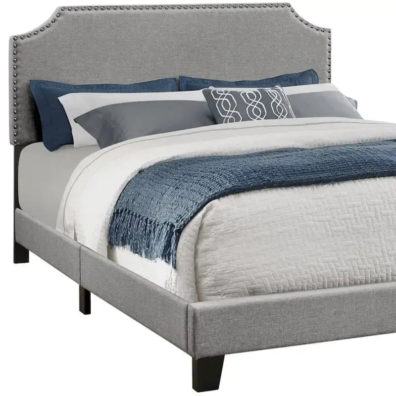 Grey Polyester Upholstered Queen Bed Frame with Headboard and Nailhead Trim