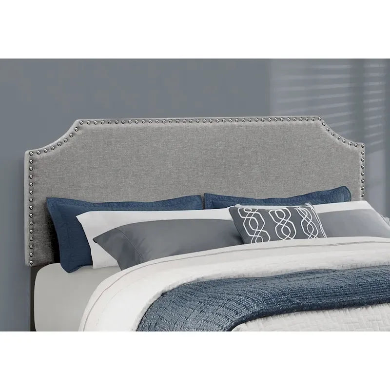Grey Polyester Upholstered Queen Bed Frame with Headboard and Nailhead Trim