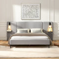 Lit plateforme en lin gris Rembourré avec tête de lit capitonnée, lumières de chevet et étagères de rangement, lit panneau chic