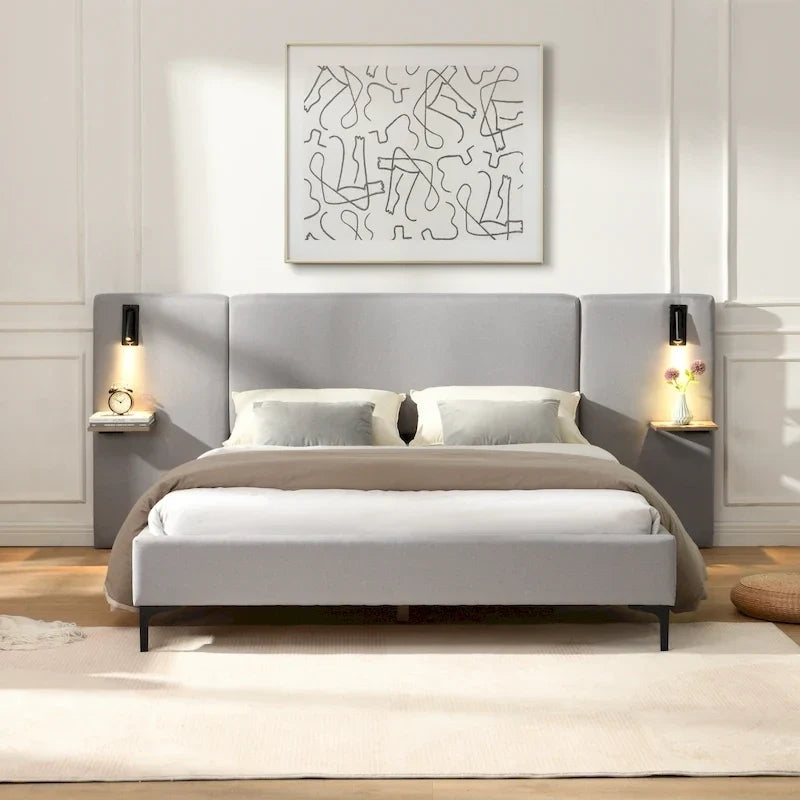 Lit plateforme en lin gris Rembourré avec tête de lit capitonnée, lumières de chevet et étagères de rangement, lit panneau chic