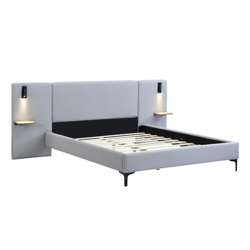 Lit plateforme en lin gris Rembourré avec tête de lit capitonnée, lumières de chevet et étagères de rangement, lit panneau chic