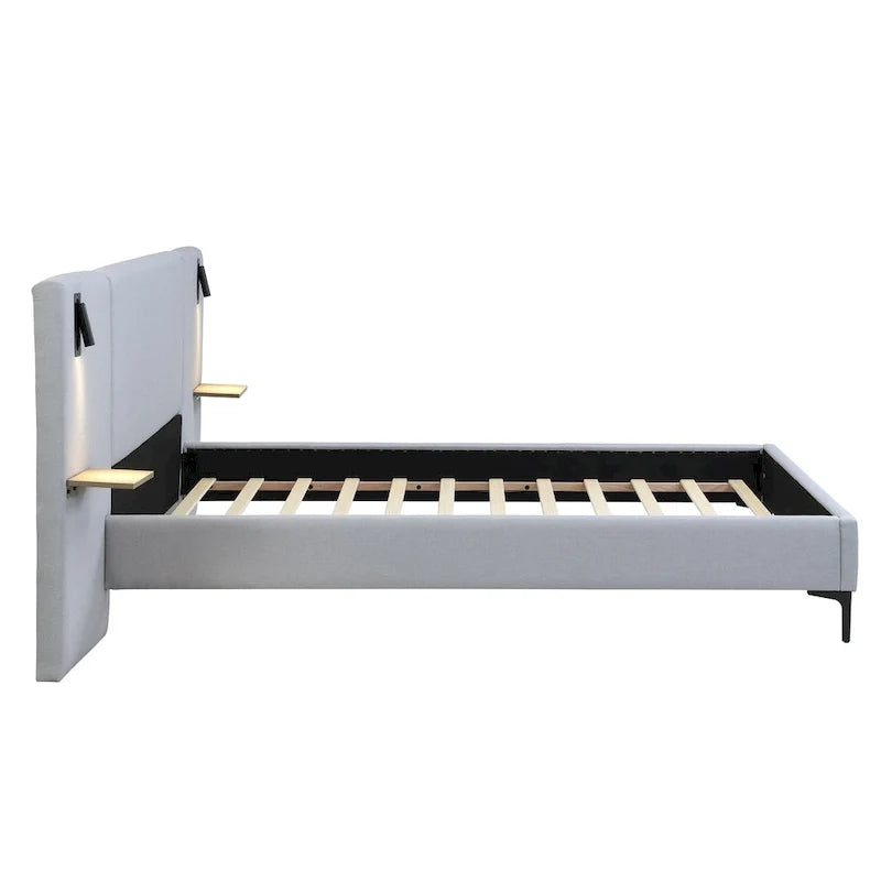Lit plateforme en lin gris Rembourré avec tête de lit capitonnée, lumières de chevet et étagères de rangement, lit panneau chic
