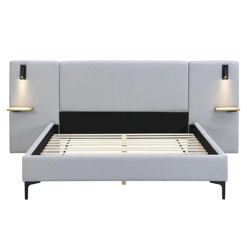 Lit plateforme en lin gris Rembourré avec tête de lit capitonnée, lumières de chevet et étagères de rangement, lit panneau chic
