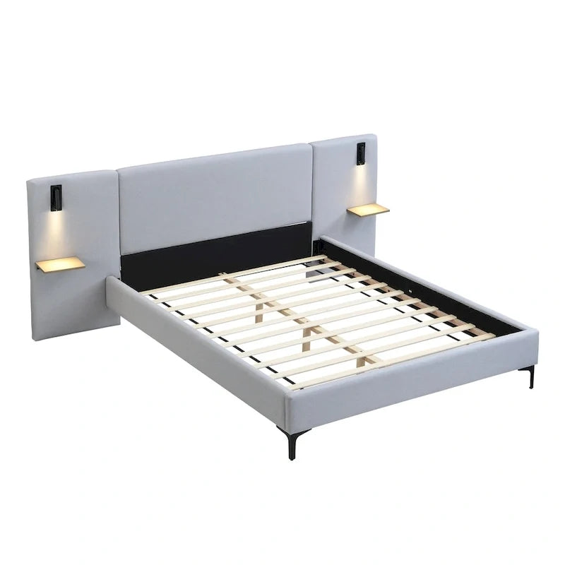 Lit plateforme en lin gris Rembourré avec tête de lit capitonnée, lumières de chevet et étagères de rangement, lit panneau chic