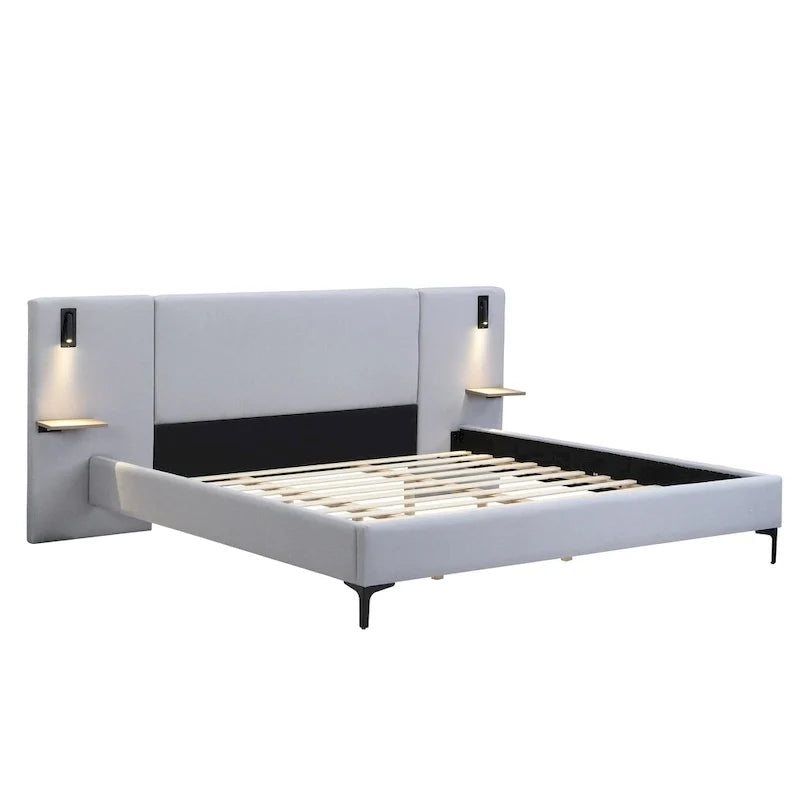 Lit plateforme en lin gris Rembourré avec tête de lit capitonnée, lumières de chevet et étagères de rangement, lit panneau chic