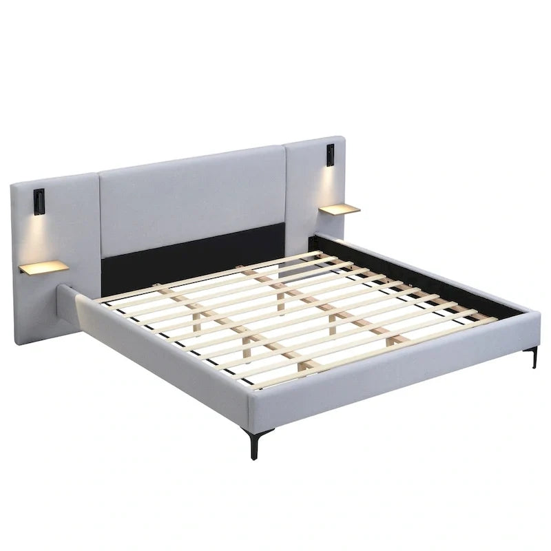 Lit plateforme en lin gris Rembourré avec tête de lit capitonnée, lumières de chevet et étagères de rangement, lit panneau chic