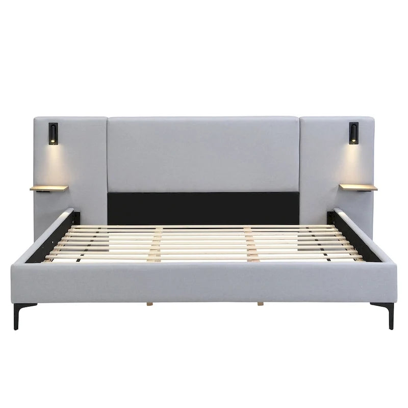 Lit plateforme en lin gris Rembourré avec tête de lit capitonnée, lumières de chevet et étagères de rangement, lit panneau chic