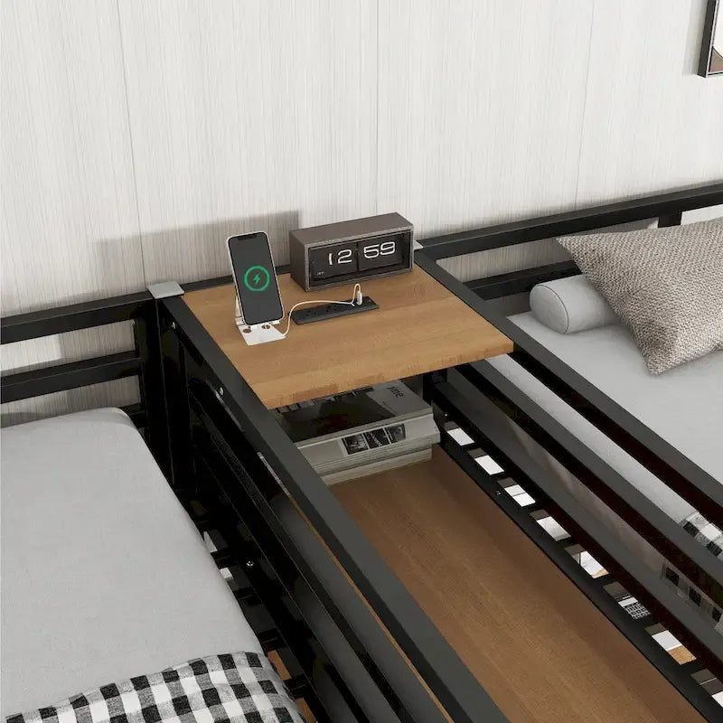 Twin Over Twin Metal Loft Bed with Double Desk and Wardrobe and Shelves with Electrical Outlet for Space Saving